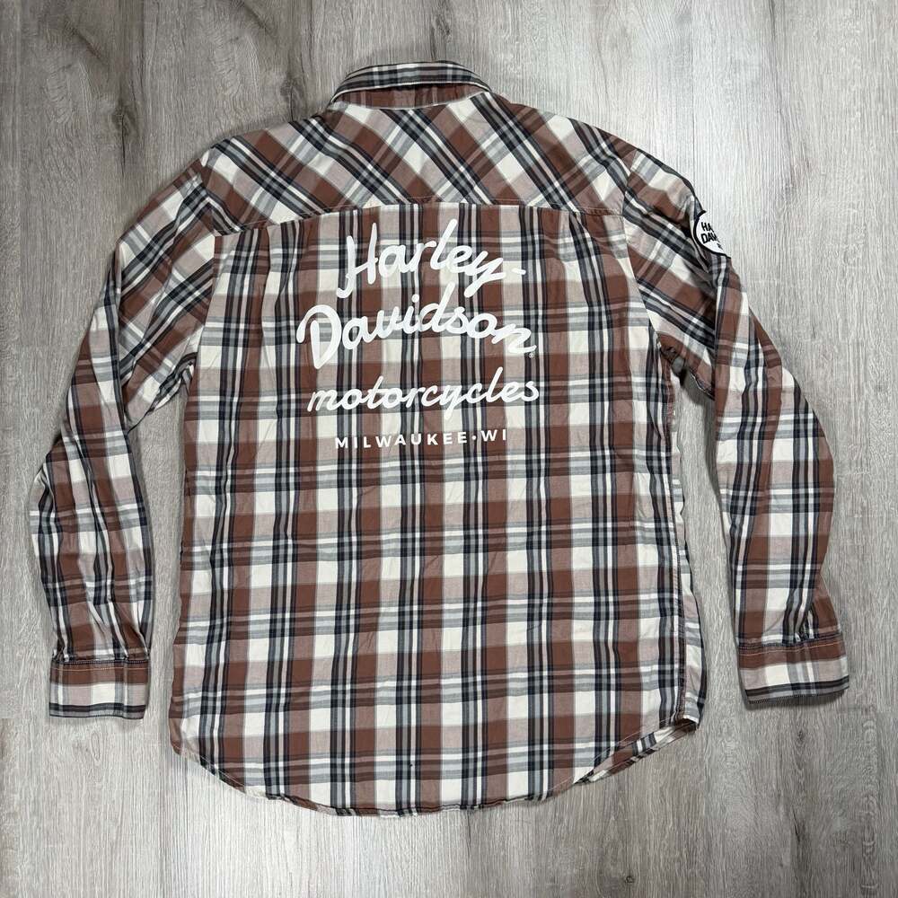 Harley-Davidson Men's Patch Plaid Long Sleeve Button-Down Shirt Back Print Large